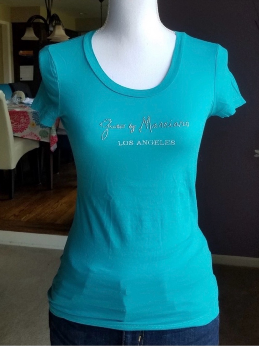 Guess Turquoise Blue Short Sleeve Fitted Logo T-shirt from Italy